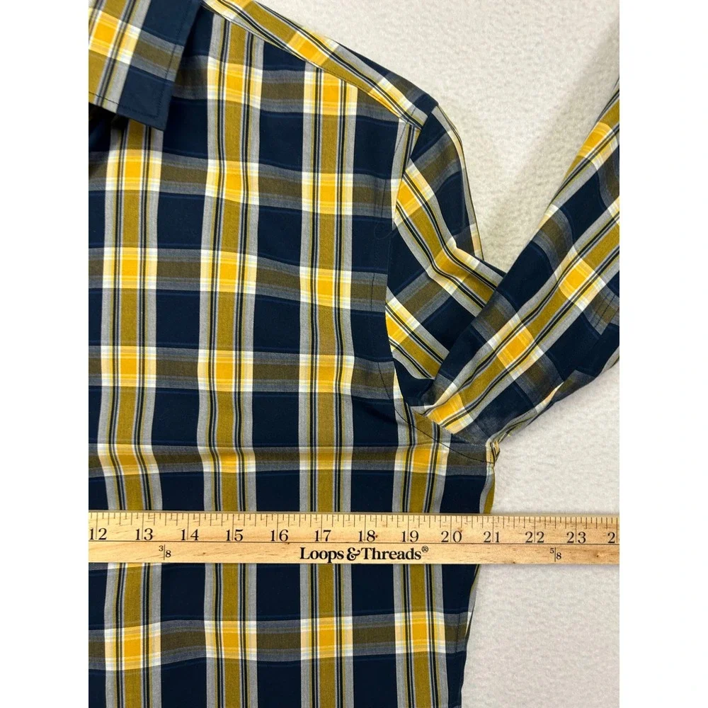 Classic Preppy Banana Republic Mens M Yellow Navy Plaid Grant Fit Non-Iron Shirt